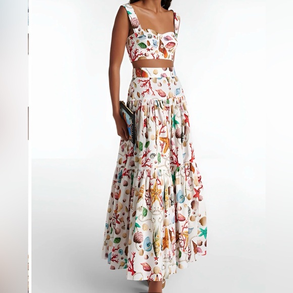 Commense Dresses & Skirts - Commense White Tiered Maxi Skirt with Colorful Sea Print